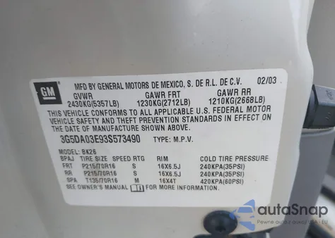 2003 Buick Rendezvous Cxl из США, поврежденный, VIN 3G5DA03E93S573490